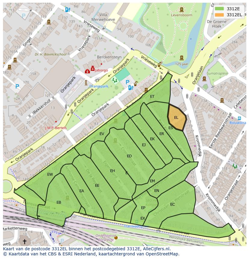 Afbeelding van het postcodegebied 3312 EL op de kaart.