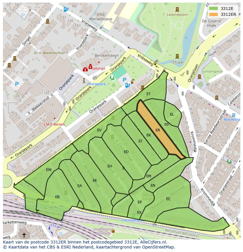 Afbeelding van het postcodegebied 3312 ER op de kaart.