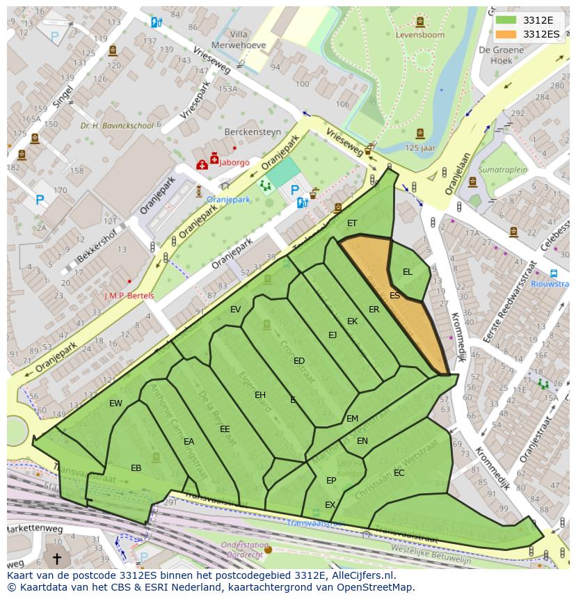 Afbeelding van het postcodegebied 3312 ES op de kaart.