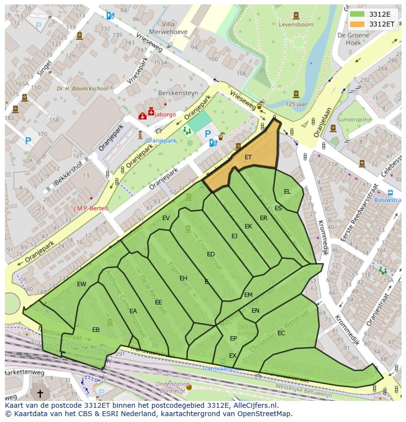 Afbeelding van het postcodegebied 3312 ET op de kaart.