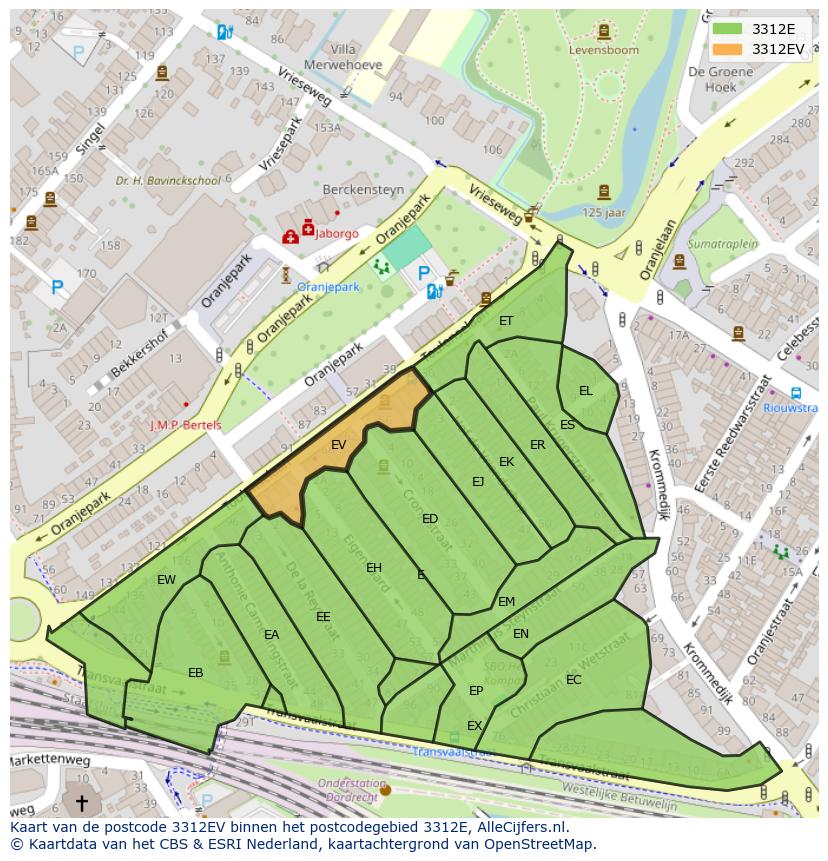 Afbeelding van het postcodegebied 3312 EV op de kaart.