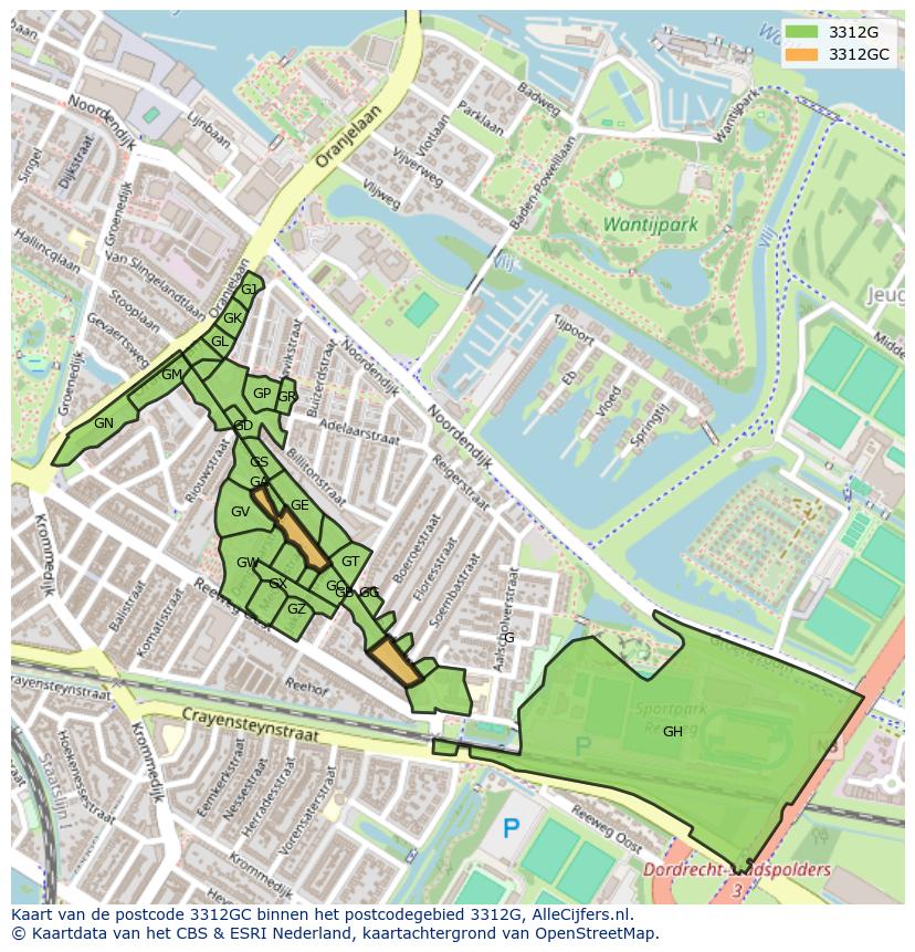 Afbeelding van het postcodegebied 3312 GC op de kaart.