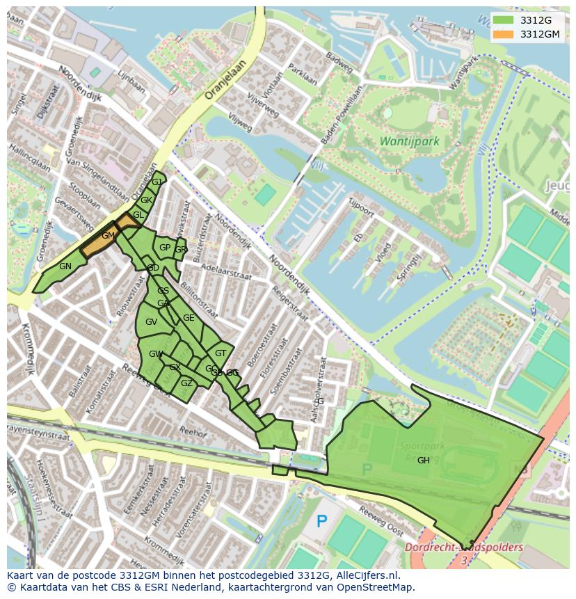 Afbeelding van het postcodegebied 3312 GM op de kaart.