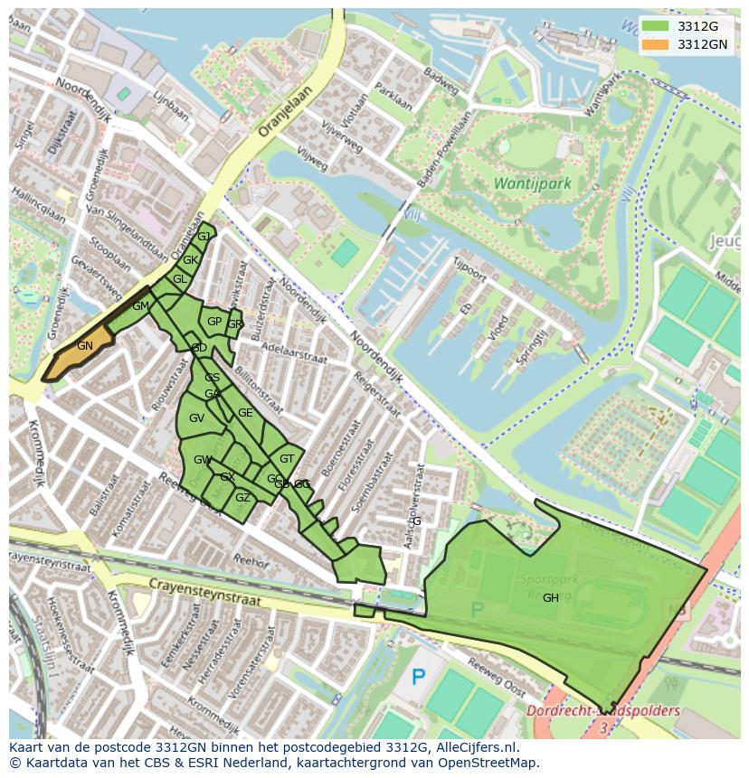 Afbeelding van het postcodegebied 3312 GN op de kaart.