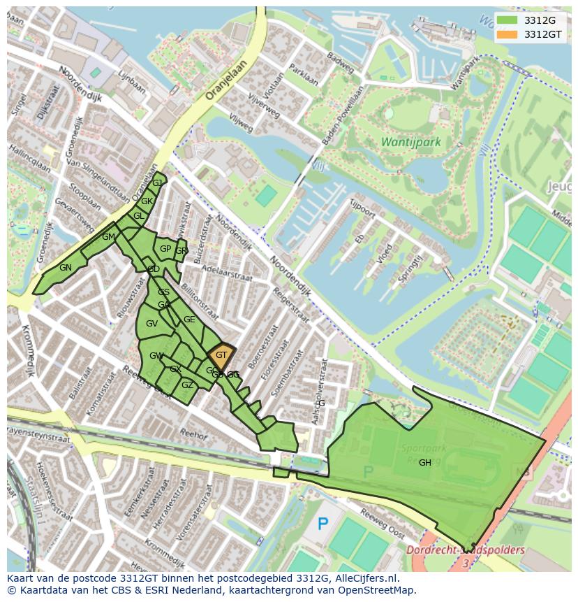 Afbeelding van het postcodegebied 3312 GT op de kaart.