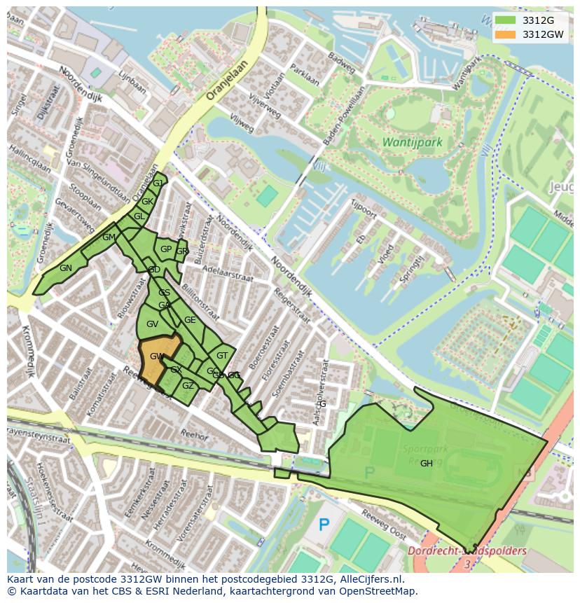 Afbeelding van het postcodegebied 3312 GW op de kaart.