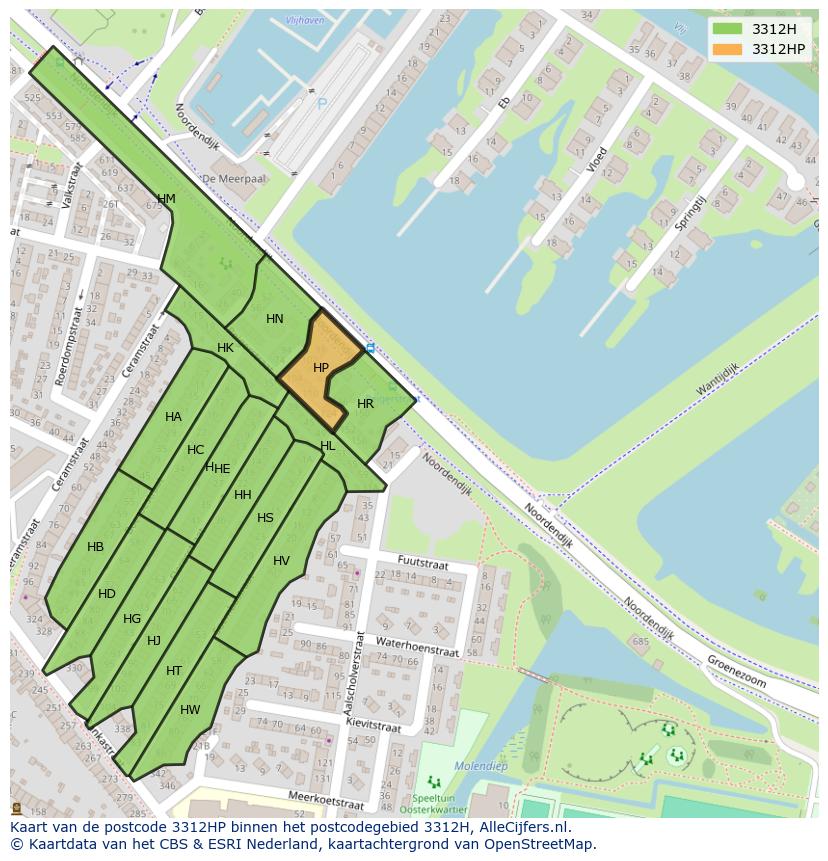 Afbeelding van het postcodegebied 3312 HP op de kaart.