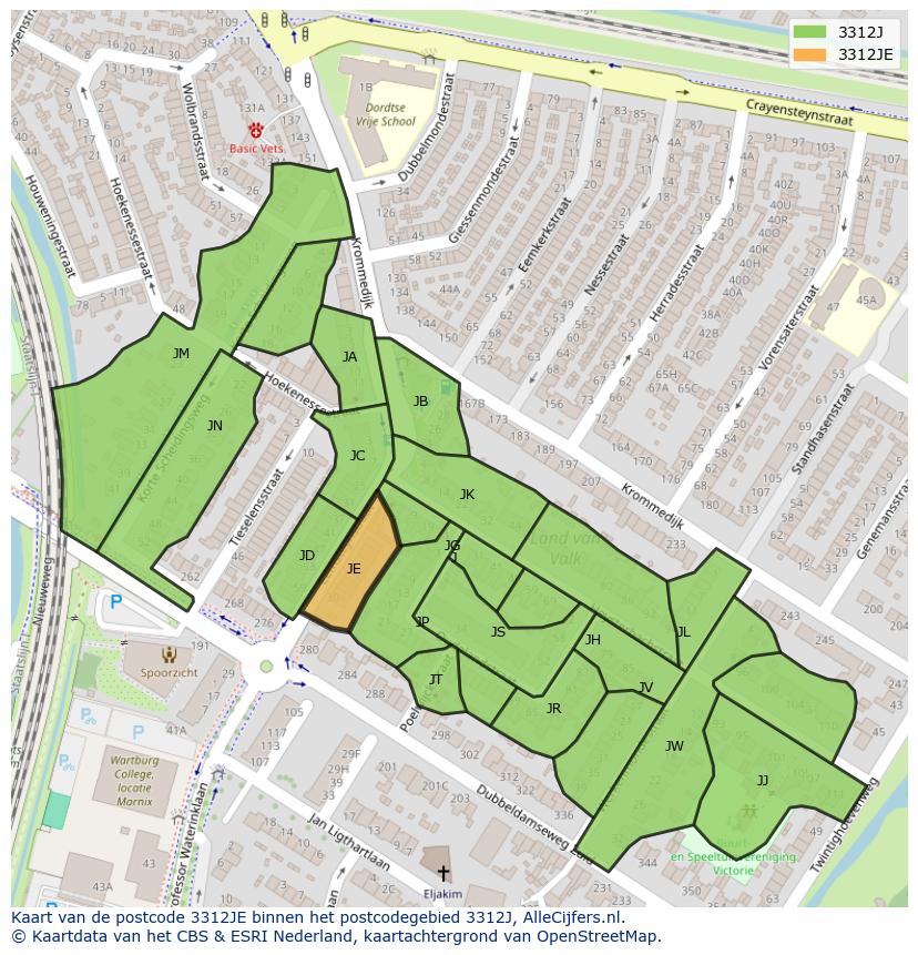 Afbeelding van het postcodegebied 3312 JE op de kaart.