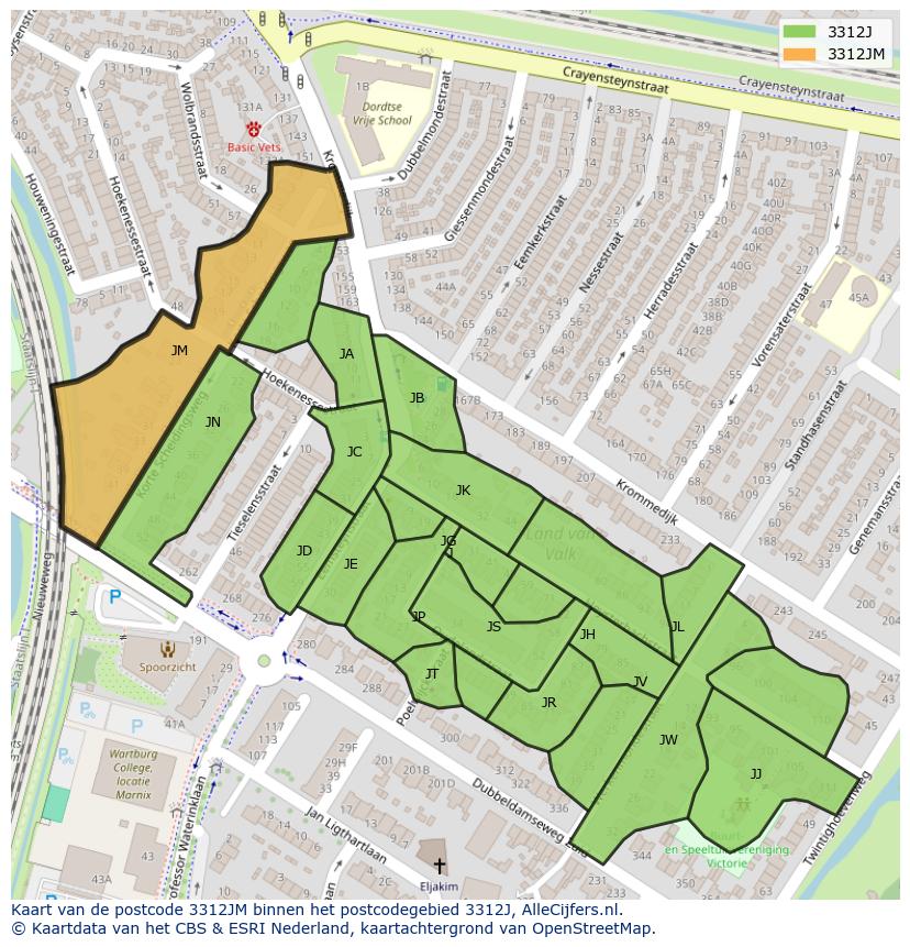 Afbeelding van het postcodegebied 3312 JM op de kaart.