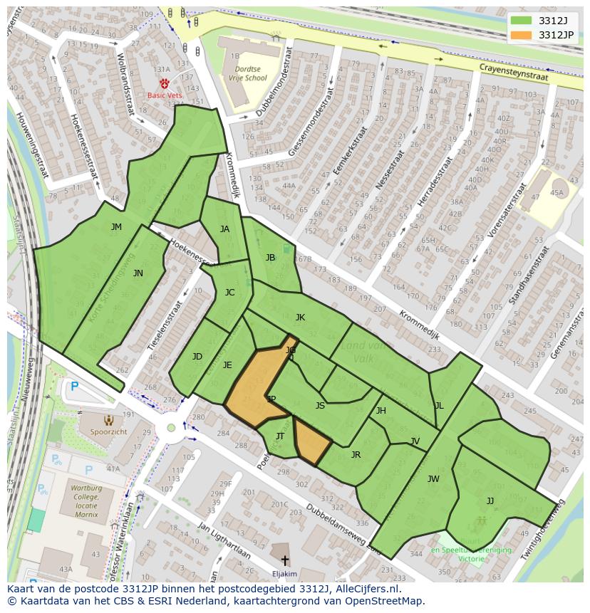 Afbeelding van het postcodegebied 3312 JP op de kaart.