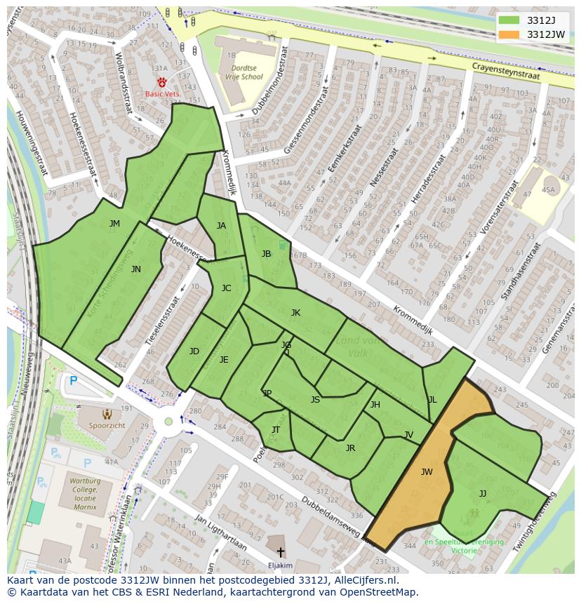 Afbeelding van het postcodegebied 3312 JW op de kaart.