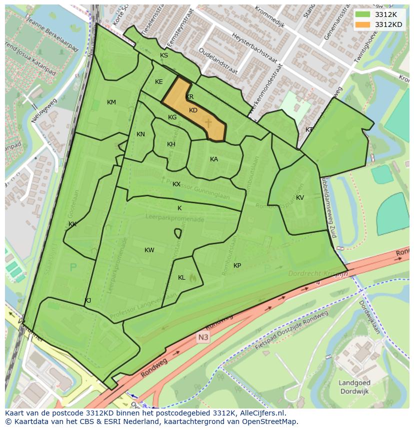 Afbeelding van het postcodegebied 3312 KD op de kaart.