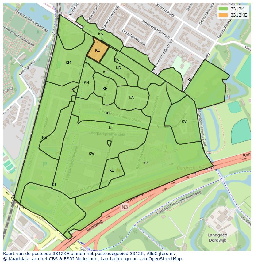 Afbeelding van het postcodegebied 3312 KE op de kaart.