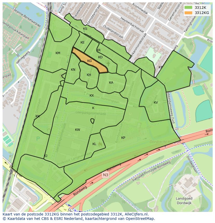 Afbeelding van het postcodegebied 3312 KG op de kaart.
