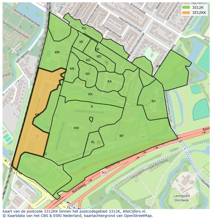 Afbeelding van het postcodegebied 3312 KK op de kaart.