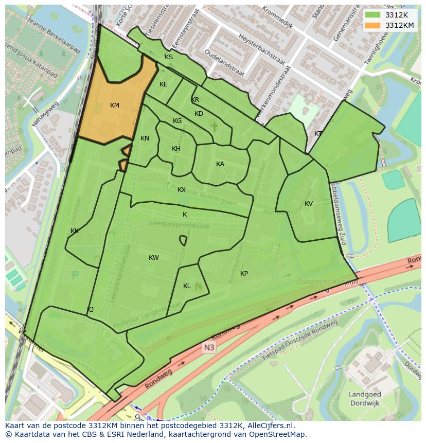 Afbeelding van het postcodegebied 3312 KM op de kaart.
