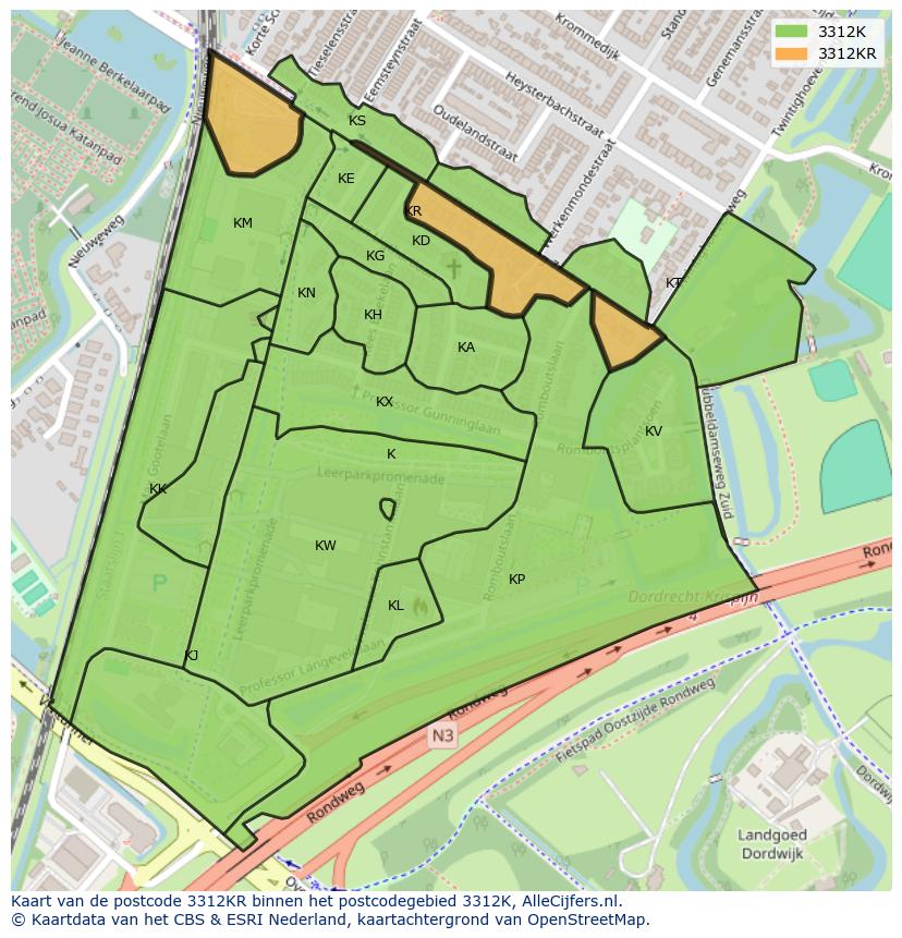 Afbeelding van het postcodegebied 3312 KR op de kaart.