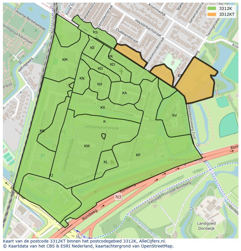 Afbeelding van het postcodegebied 3312 KT op de kaart.