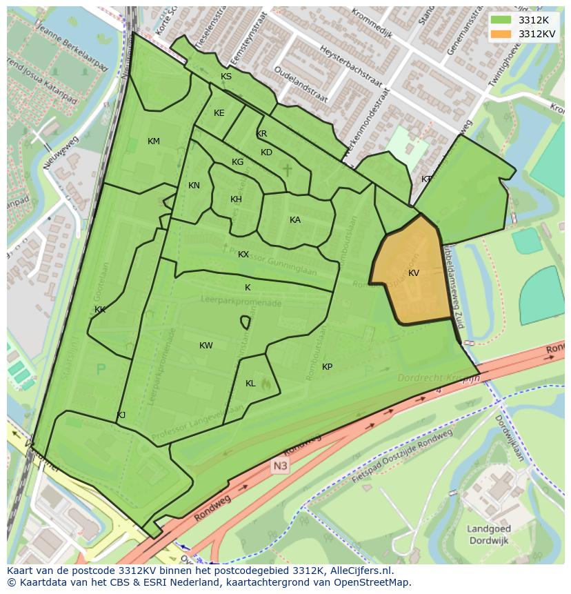Afbeelding van het postcodegebied 3312 KV op de kaart.