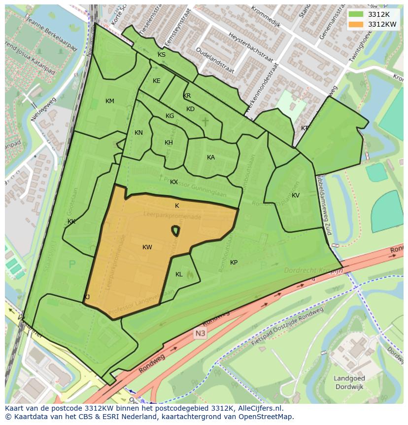Afbeelding van het postcodegebied 3312 KW op de kaart.