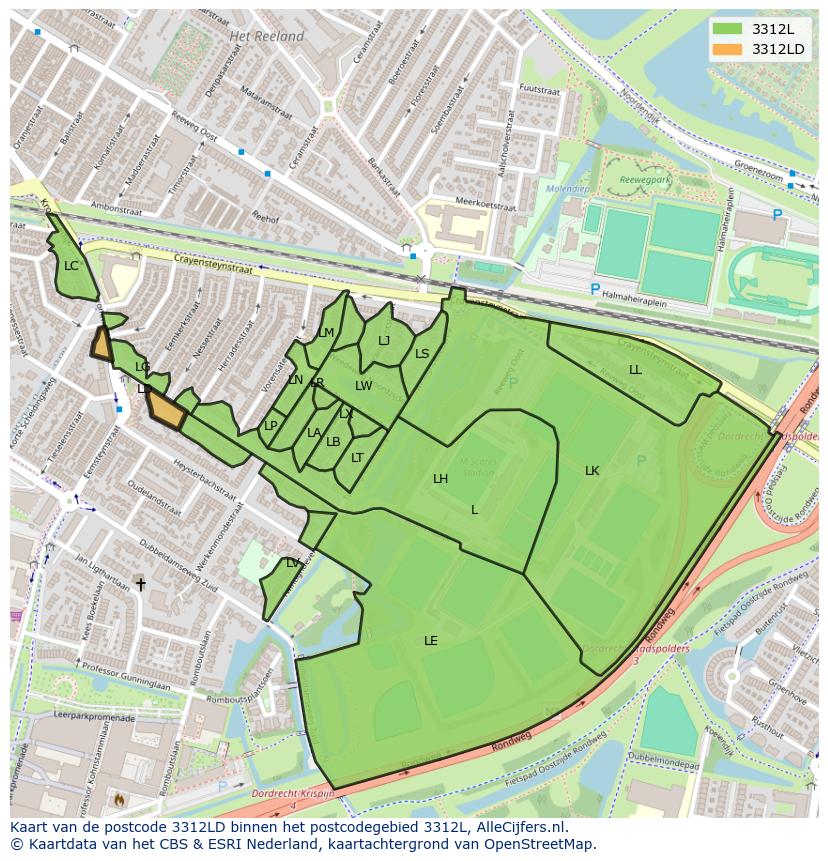 Afbeelding van het postcodegebied 3312 LD op de kaart.
