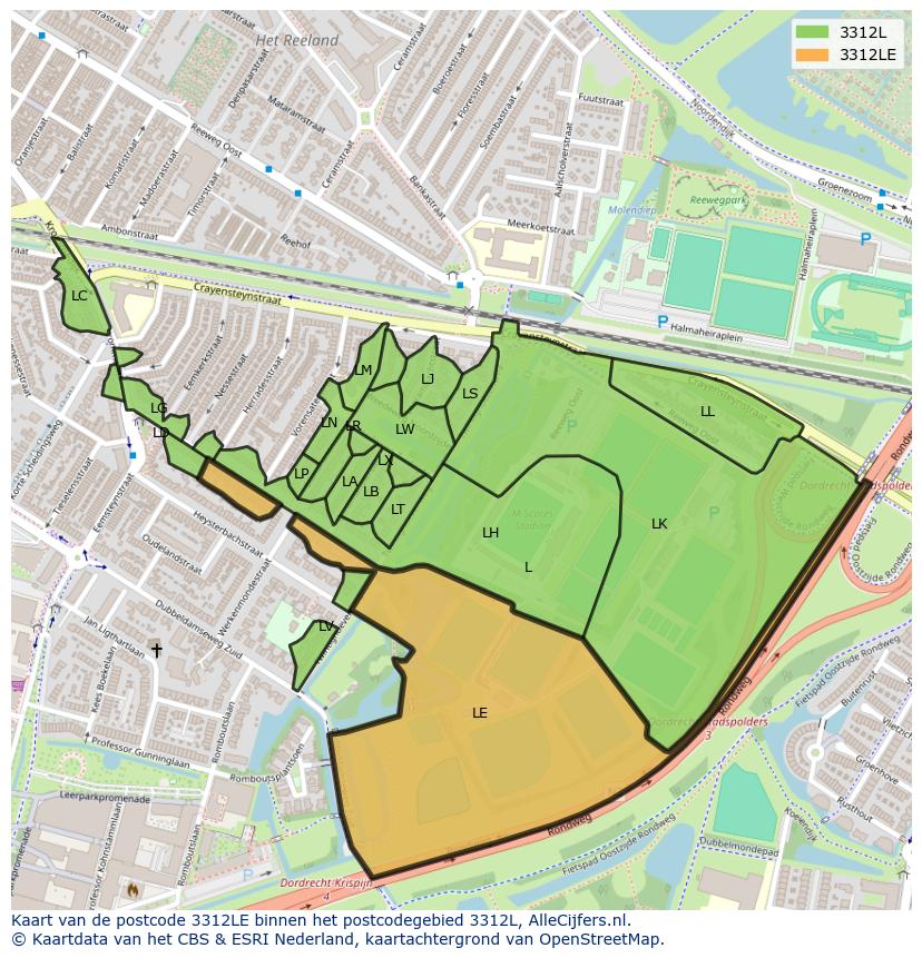 Afbeelding van het postcodegebied 3312 LE op de kaart.