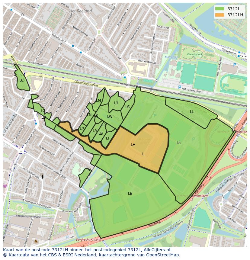 Afbeelding van het postcodegebied 3312 LH op de kaart.