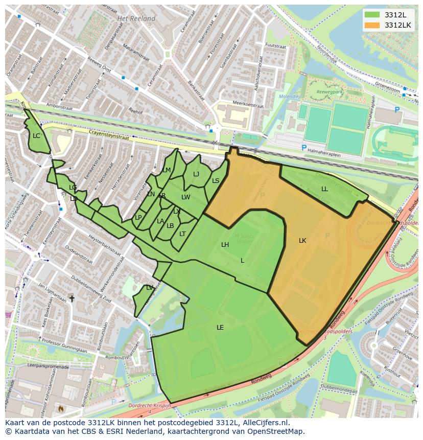 Afbeelding van het postcodegebied 3312 LK op de kaart.