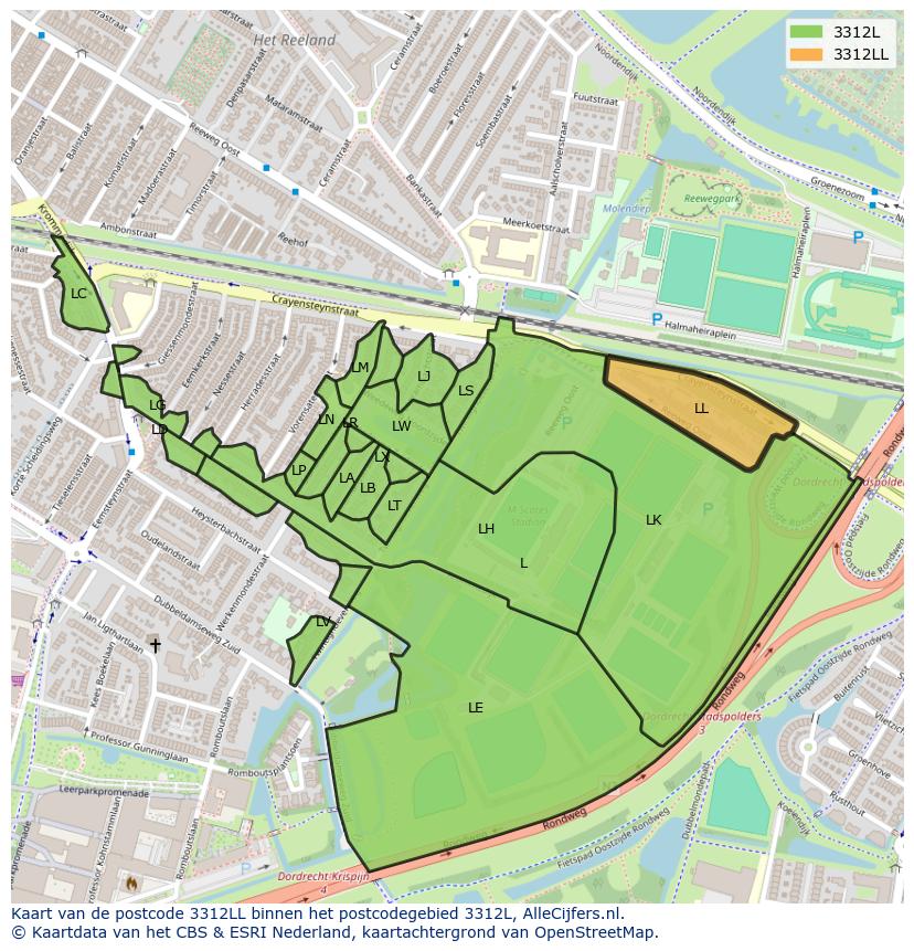 Afbeelding van het postcodegebied 3312 LL op de kaart.