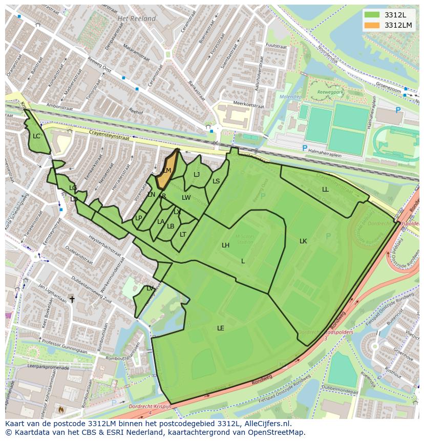 Afbeelding van het postcodegebied 3312 LM op de kaart.