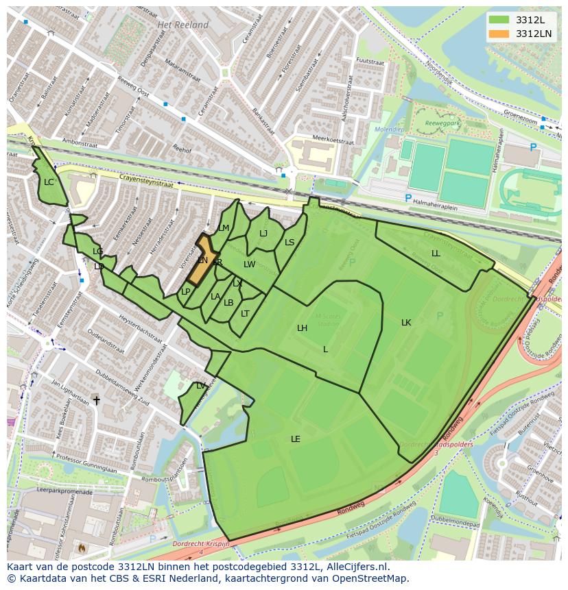 Afbeelding van het postcodegebied 3312 LN op de kaart.