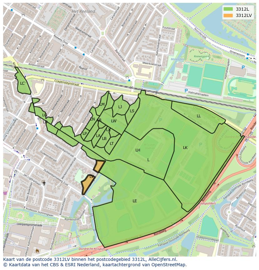 Afbeelding van het postcodegebied 3312 LV op de kaart.