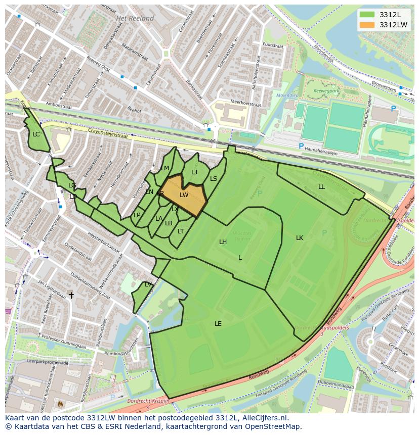 Afbeelding van het postcodegebied 3312 LW op de kaart.