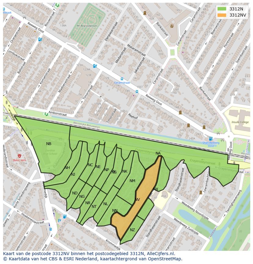 Afbeelding van het postcodegebied 3312 NV op de kaart.