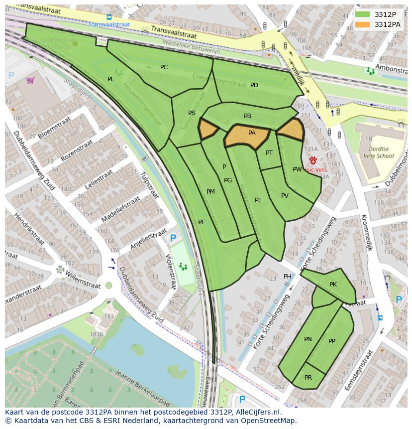 Afbeelding van het postcodegebied 3312 PA op de kaart.