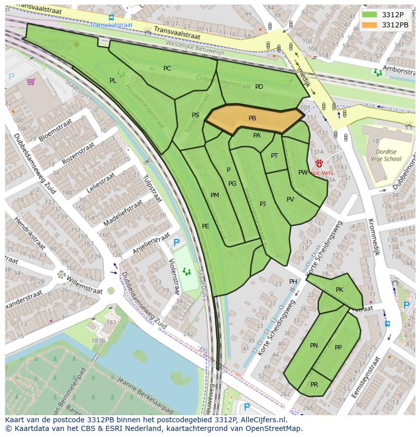 Afbeelding van het postcodegebied 3312 PB op de kaart.