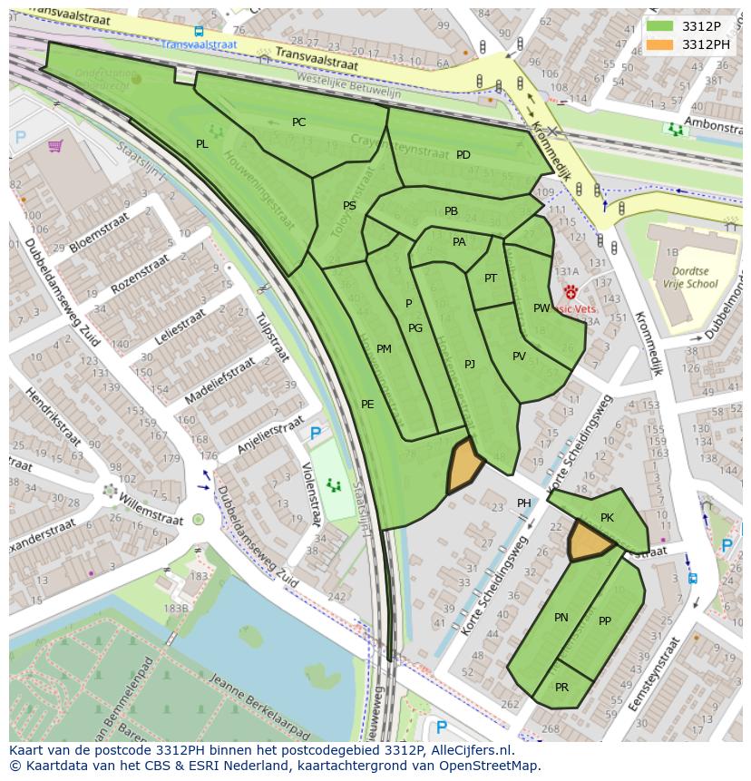Afbeelding van het postcodegebied 3312 PH op de kaart.