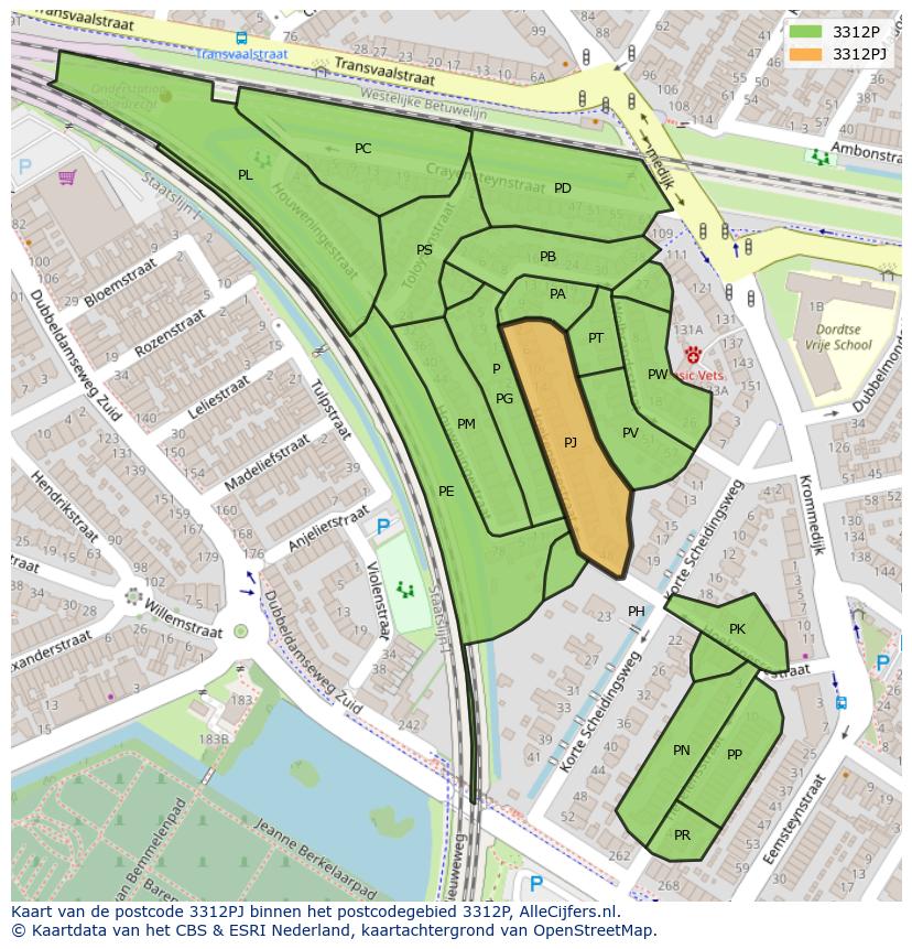 Afbeelding van het postcodegebied 3312 PJ op de kaart.