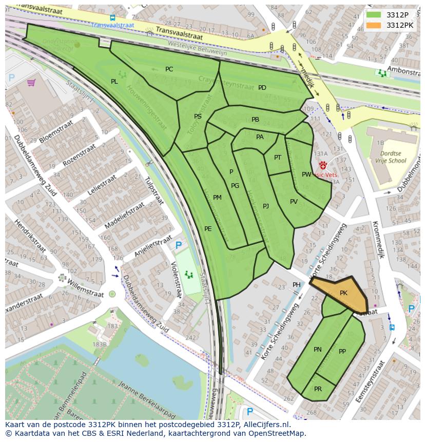 Afbeelding van het postcodegebied 3312 PK op de kaart.