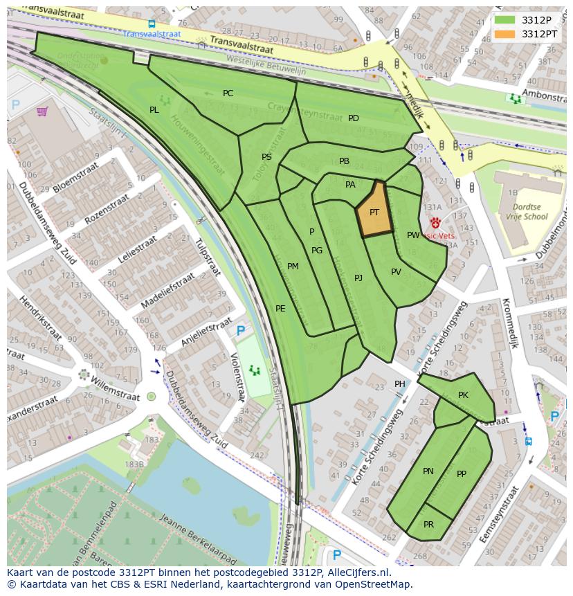 Afbeelding van het postcodegebied 3312 PT op de kaart.
