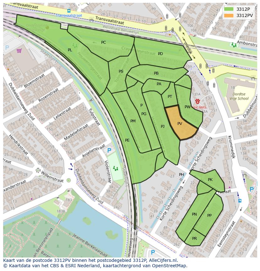 Afbeelding van het postcodegebied 3312 PV op de kaart.
