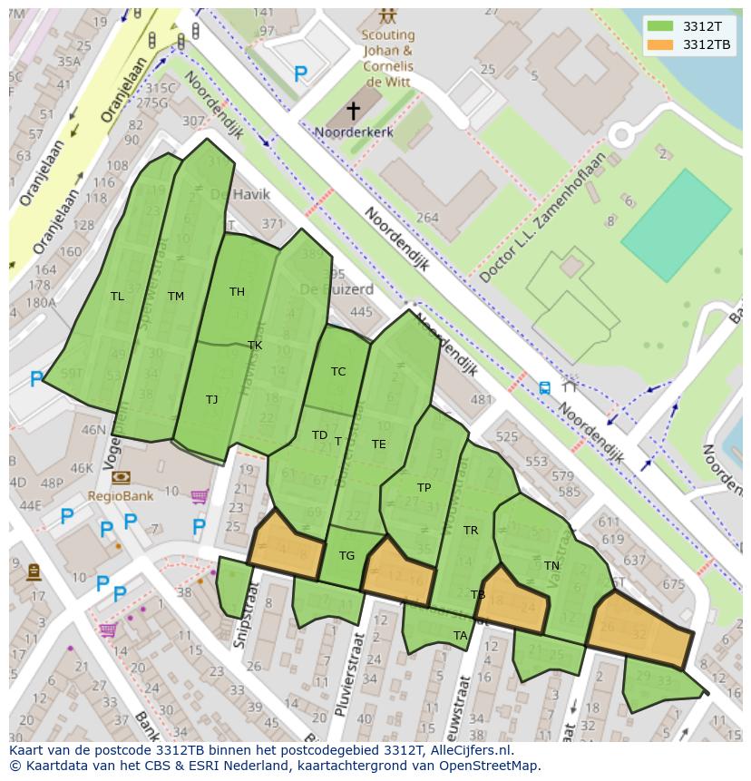 Afbeelding van het postcodegebied 3312 TB op de kaart.