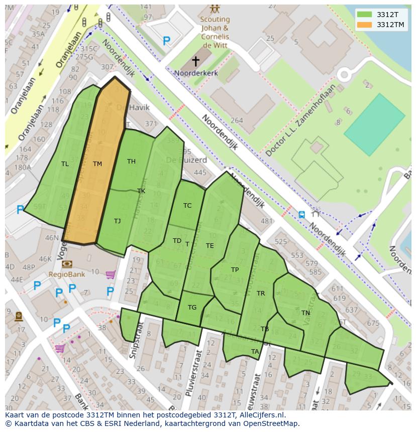 Afbeelding van het postcodegebied 3312 TM op de kaart.