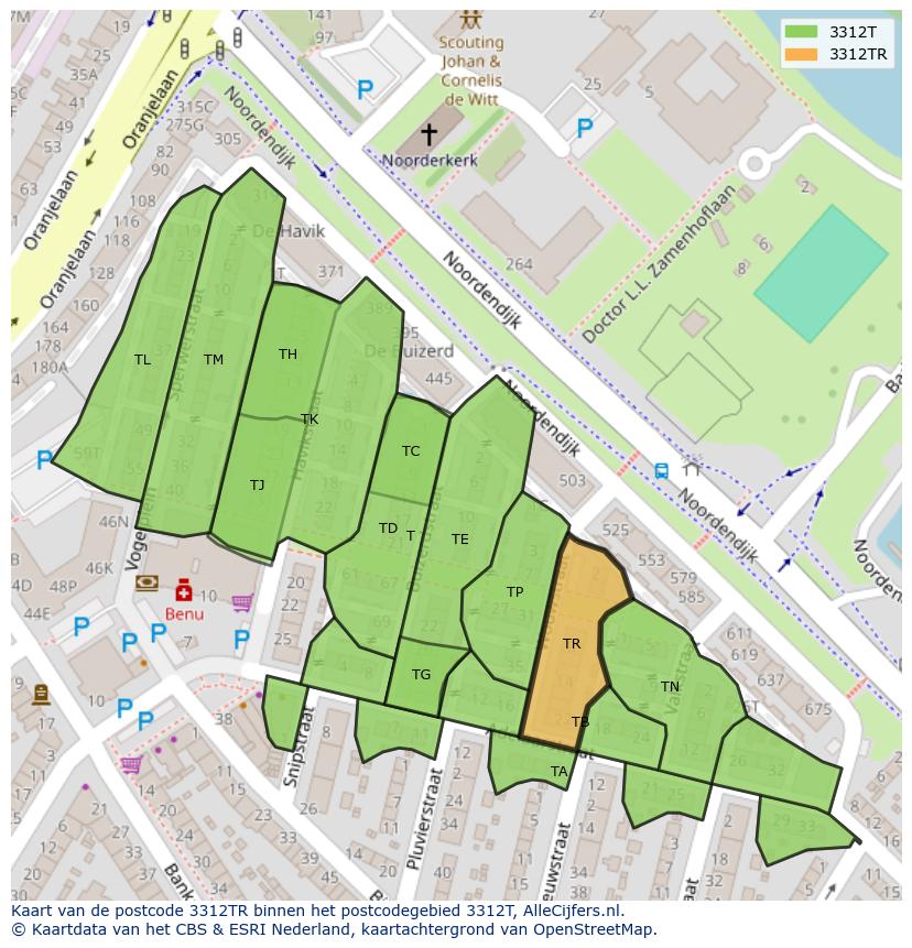 Afbeelding van het postcodegebied 3312 TR op de kaart.