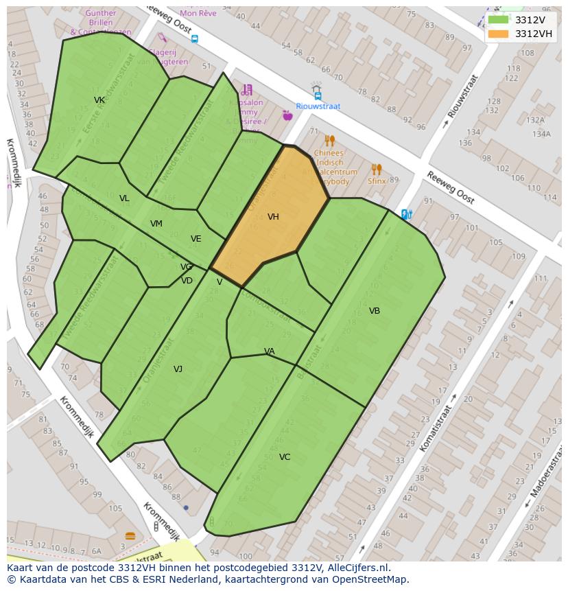 Afbeelding van het postcodegebied 3312 VH op de kaart.
