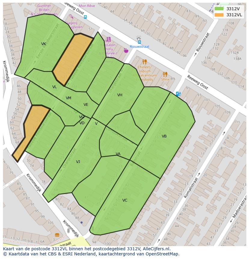 Afbeelding van het postcodegebied 3312 VL op de kaart.