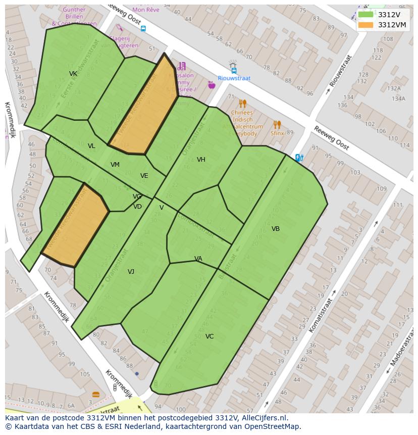 Afbeelding van het postcodegebied 3312 VM op de kaart.