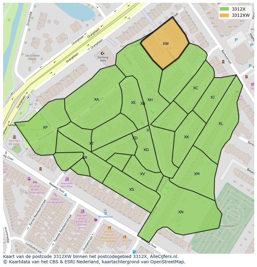 Afbeelding van het postcodegebied 3312 XW op de kaart.