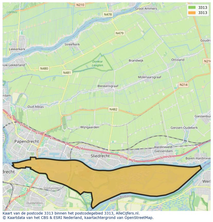 Afbeelding van het postcodegebied 3313 op de kaart.