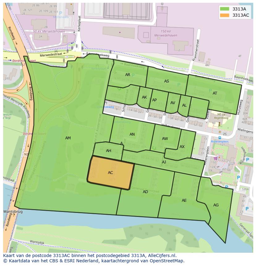 Afbeelding van het postcodegebied 3313 AC op de kaart.